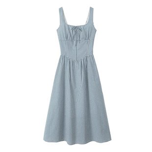 6743-summer New Women Clothes European and American Style Chest Lace-up High Waist Plaid Dress for Women