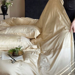 New Chinese Style Aesthetic Super Soft Tens Cotton Embroidered Bed Sheet Quilt Cover Summer Silky Double Nude Sleeping Bed Four-piece Set