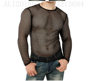 ebay AliExpress foreign trade sexy men's personality coquettish hollow grid street tide perspective long sleeve men's top tide