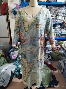 2023 Europe and the United States cross-border spring and summer independent station New skirt map printed V-neck A long casual dress