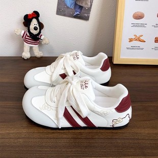 Cute KT Cat Embroidered Puff Shoes Women's German Training Shoes 2025 New Korean Style Chic All-match Skate Shoes Casual White Shoes