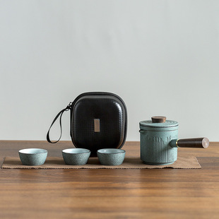 Creative Bluestone Glaze Side Handle Travel Tea Set Portable Set Outdoor Small Set Portable Express Cup One Pot Three Cups