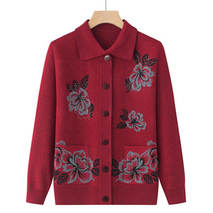 Middle-aged and elderly sweater women's thin loose mother Spring and Autumn Red old lady grandmother spring cardigan old man coat