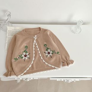 2023 Autumn Internet Celebrity All-match Baby Girl Baby Embroidered Long-sleeved Knitted Coat Cotton Yarn Cardigan Stylish Top