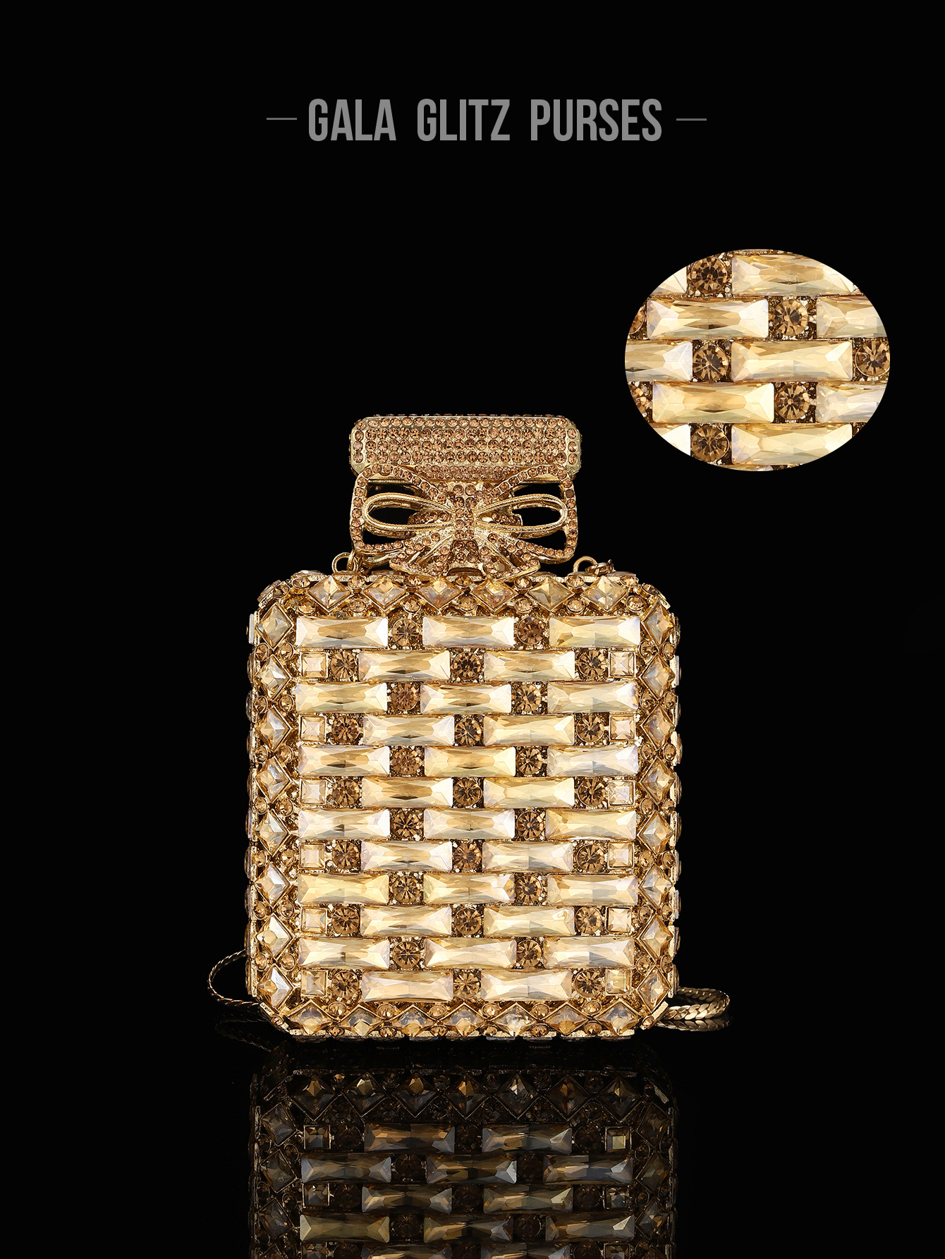 A sophisticated French-style fairy perfume bottle, studded with diamonds, sparkling and dazzling, perfect for an event, including a mobile phone and lipstick bag.