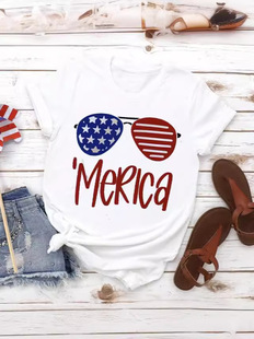 Cross-border Women's New eBay Independent Station Hot Selling Simple Casual Ethnic and Religious Independence Day Pattern All-match T-shirt