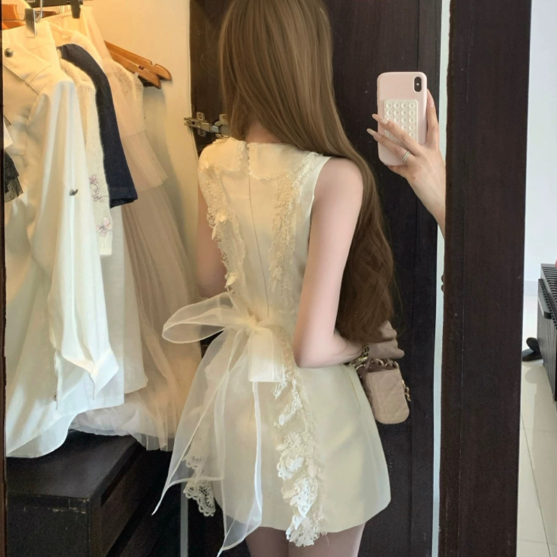 Early Summer Whisper Jory* White Sleeveless Tank Dress with Gauze on the Back, Elegant Waist-Cinching Short Dress