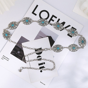 Cross-border European and American Ethnic Fashion Waist Chain Women's Decorative Thin Belt with dress silver Hollow Embossed Chain