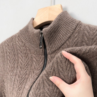 2024 Autumn and Winter New Half-turtleneck Zipper Solid Color 100 Wool Cardigan Men's Thickened Casual Knitted Coat Sweater