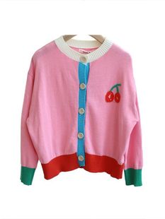 Girls' Cardigan Korean Fashion Color-block Cherry Knitted Cardigan Jacket Loose Sweater Sweet Casual Western Style Top
