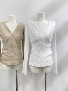 Spring and Summer Thin Slub Cotton Hooded Sunscreen Cardigan Women's Slim-fit Slimming Casual Short Long-sleeved Jacket Top V-neck