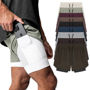 European Size Fitness Sports Shorts Men's Nylon Running Muscle Training Elastic Quick-drying American Double-layer Basketball Shorts Summer