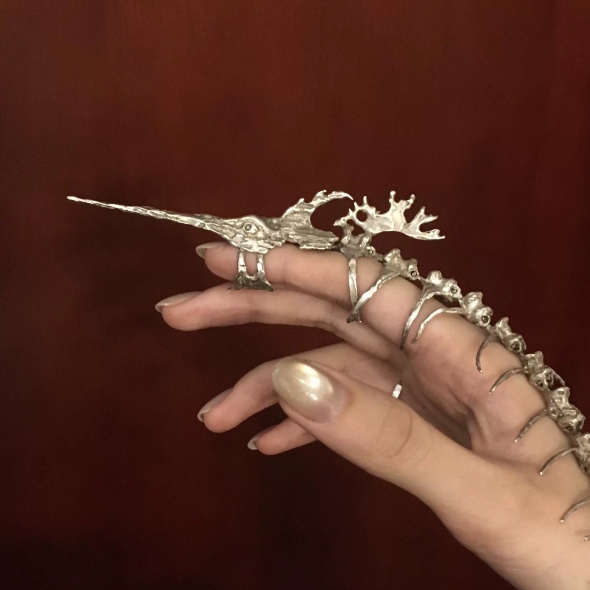 Cross-Border European and American Dark Subculture Metal Fishbone Ring Set, Vintage Gothic Punk Design Jewelry