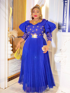 Cross-border Amazon Women's Clothing Europe and America Dubai Elegant Long Dress Lace Middle Sleeve Loose plus size Commuter Pleated dress