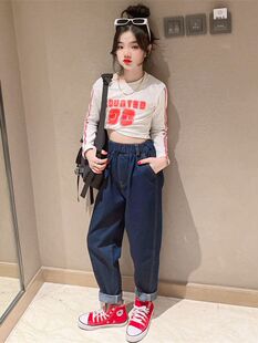Girls' short top spring and autumn clothing tight western style fashionable small shirt black and white children's net red fried street long sleeve T-shirt