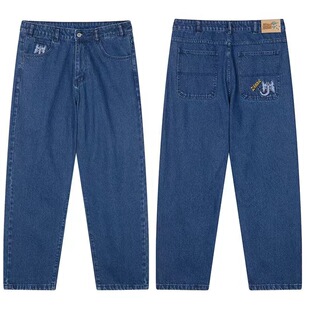 Cross-border European and American Retro Street Cartoon Elephant Printed Jeans High Street Niche High-end Sense Straight Leg Wide-leg Pants