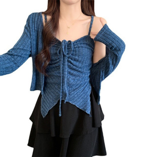 2024 Early Autumn New Spice Girl Two-Piece Set Women's Inner Drawstring Strap Camisole Outer Long Sleeve Cardigan T-Shirt