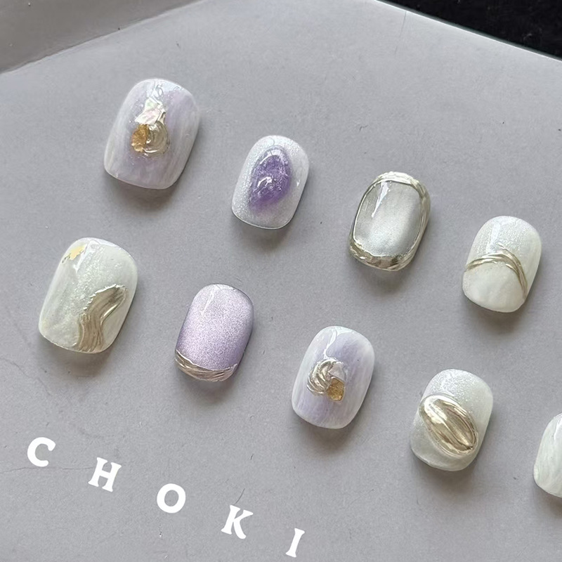 Dreamy Purple and White Gradient Handmade Wearable Nails, Short Style with a High-End, Gentle, Luxurious, and Cool Vibe