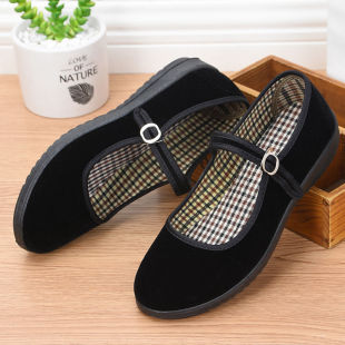Polyurethane Spring Old Beijing Cloth Shoes for Women, Black Velvet Shoes, Hotel Black Work Shoes, Buckle Dance Cloth Shoes for Women