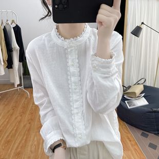 Lotus-sleeved Long-sleeved Shirt Women's Lace Stitching Top 2025 Spring Loose Retro Collar Base Shirt