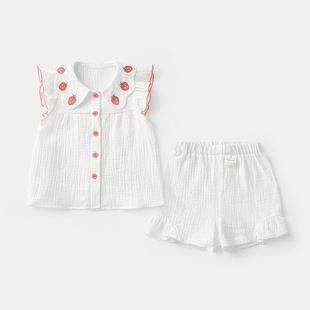 2025 Baby Summer Flying Sleeve Doll Shirt suit Girl Baby Kids Korean Pure Cotton Home Two-piece suit 3668