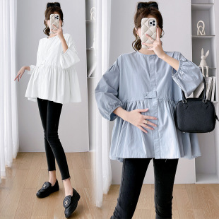 In stock Real shot maternity clothes 2023 new autumn Korean style loose plus size doll shirt top trendy breastfeeding