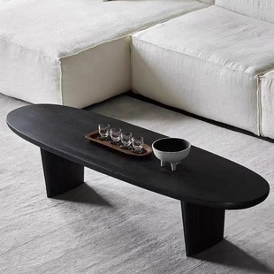 Black Solid Wood Coffee Table Oval Nordic Simple Living Room Home Small Apartment Home Style Quiet Style Log Table
