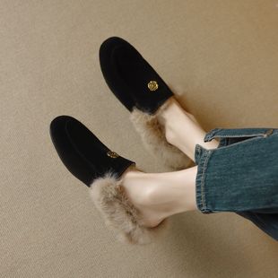 4cm ~ time flies winter new Mao Mao shoes women wear fashion inside raised frosted leather Baotou half slippers