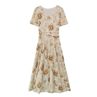 2024 Summer 2024 Chiffon Floral dress plus size chubby girl Tight Waist Slimming Belly Covering Dress