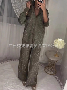 2025 Europe and the United States cross-border Amazon independent station fashion casual diamond shirt suit straight pants loose two-piece set