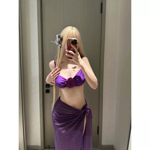 Purple is very charming and pure sexy flower bikini cover towel strap skirt long skirt meat cover white split swimsuit