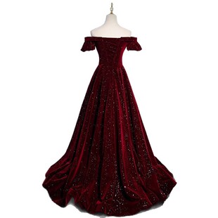 Burgundy One-Shoulder Evening Dress Female Stage Host High-End Dress Bride High-End Toast Dress Wholesale