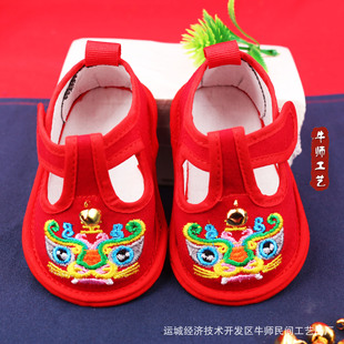 Guochao Embroidered Tiger Head Shoes Infant Beginner's Spring and Autumn Soft-soled T-shaped Shoes One Hundred Days One-year-old Capture Zhou Pai