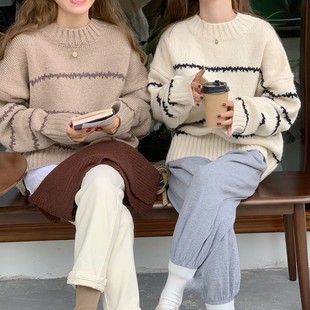 Retro Japanese style lazy loose sweater women's thickened autumn and winter 2023 new long sleeve striped half turtleneck sweater