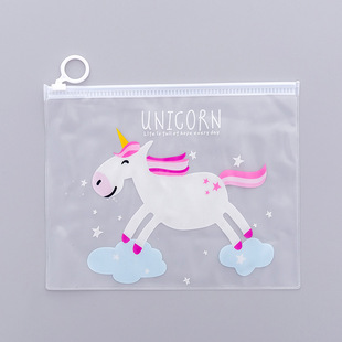 Korean Girl Heart Pink Unicorn Ring Zipper Bag Transparent Pencil Bag Student Cute Creative File Bag