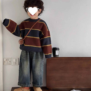 Boys and Girls Pants 2024 Winter New Children's American Fashionable Western Style Loose Wide Leg Pants Korean Jeans