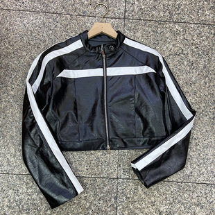 American Style Sweet Cool Leather Short Coat Women's Autumn and Winter High-end Short Biker Suit Contrast Color Stitching Racing Jacket Top
