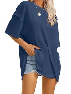 2024 Europe and the United States cross-border summer women's independent station explosions solid color crew neck side slits loose T-shirt