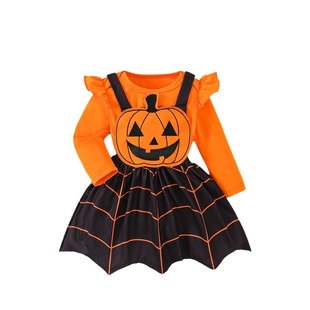 Halloween Children's Suit 2024 Autumn New Baby Girl Long Sleeve Hatshirt Pumpkin Ghostface Strap Dress Three-Piece Set