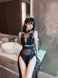 Sexy see-through mesh stitching long dress hand-stitched flower open-cut dress night show wear stage wear