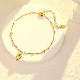 Korean Style Simple Peach Heart Zircon Titanium Steel Anklet Women's Love Pendant Internet Celebrity Foot Chain Summer All-match Light Luxury Trendy Accessories