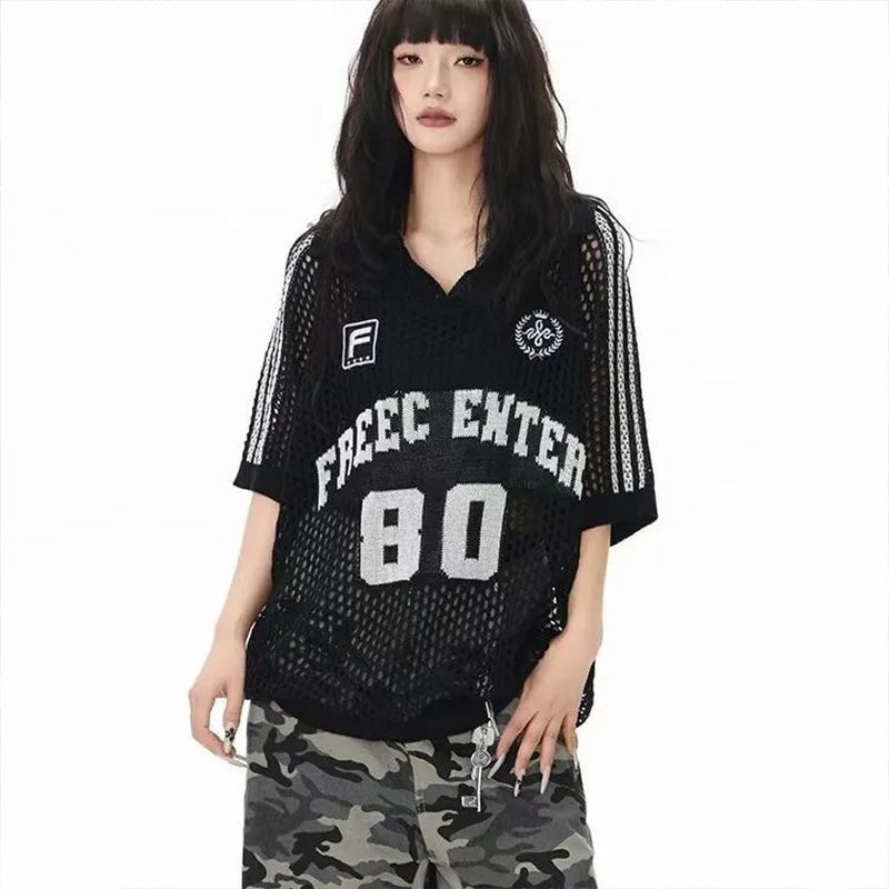 New Stylish Jersey-Style Short-Sleeve T-Shirt for Women, Summer American-Style Outfit, V-Neck Biker Versatile Letter Print Trendy Design