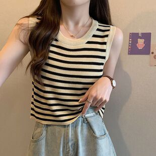 chubby girl plus size Striped Camisole Women's Summer Slimming Outer Wear Inner Top Sleeveless Knit Base Shirt