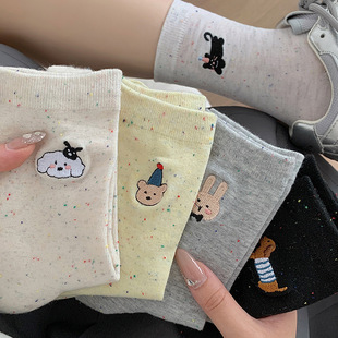 Socks Women's Autumn and Winter Explosions Point Yarn AB Left and Right Foot Cartoon Embroidered Mid-tube Socks Japanese Style Cute Stacking Socks Women