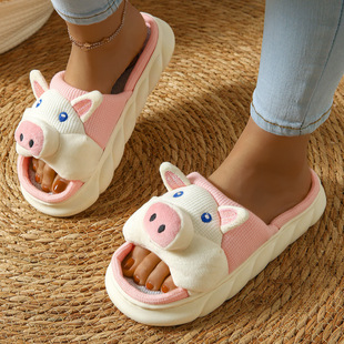 Linen Slippers Women's Spring and Autumn Four Seasons Indoor Pink Pig Home Thick Bottom Lightweight Non-slip Sweat Absorbing Comfortable Breathable Outer Wear