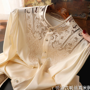 2024 Spring and Autumn New European Heavy Industry Embroidered Western Style Shirt Hollow Silk-like Shirt Women's Long-sleeved Elegant Top