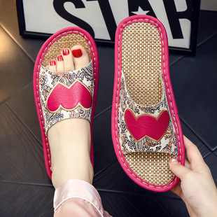 Summer genuine leather slippers for women spring and autumn indoor home home four seasons linen home non-slip bedroom mute Japanese style sandals