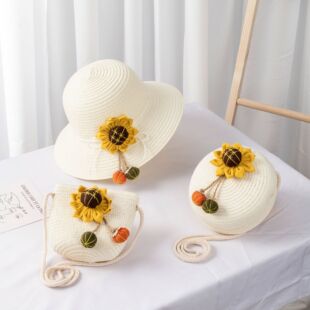 Summer Children's Straw Hat Women's Outdoor Leisure Travel Cute Flower Beach Hat Big Rim Sun Hat Bag Trendy
