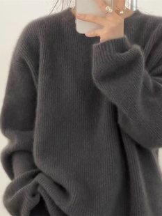 Gray Round Neck Pure Color Sweater for Women Loose Lazy Style Outer Wear 2024 Autumn and Winter New Mohair Knitted Bottoming Shirt
