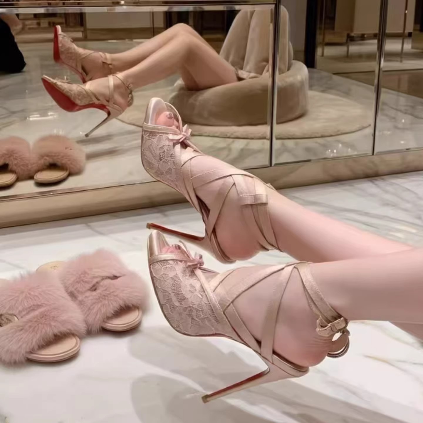 Sexy Lace Mesh Open-Toe Sandals for Women, Summer Style with Single Strap and Lace-Up Design, Thin High Heels (Tax Not Included)